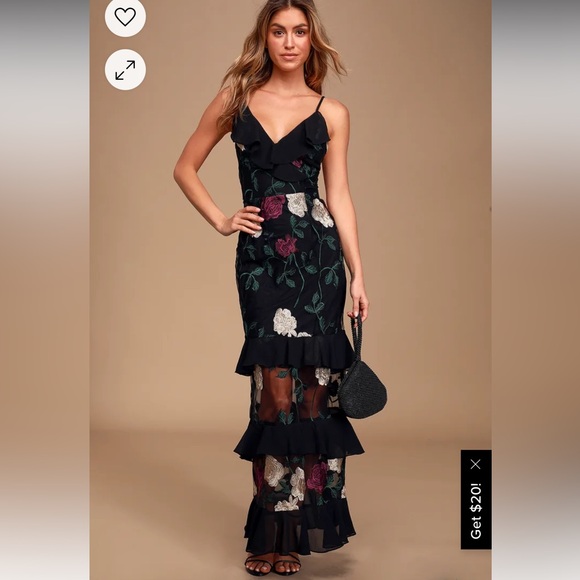 LuLus True to Heart Black Floral Embroidered Maxi Dress Rose ruffle gown Small - Picture 1 of 15